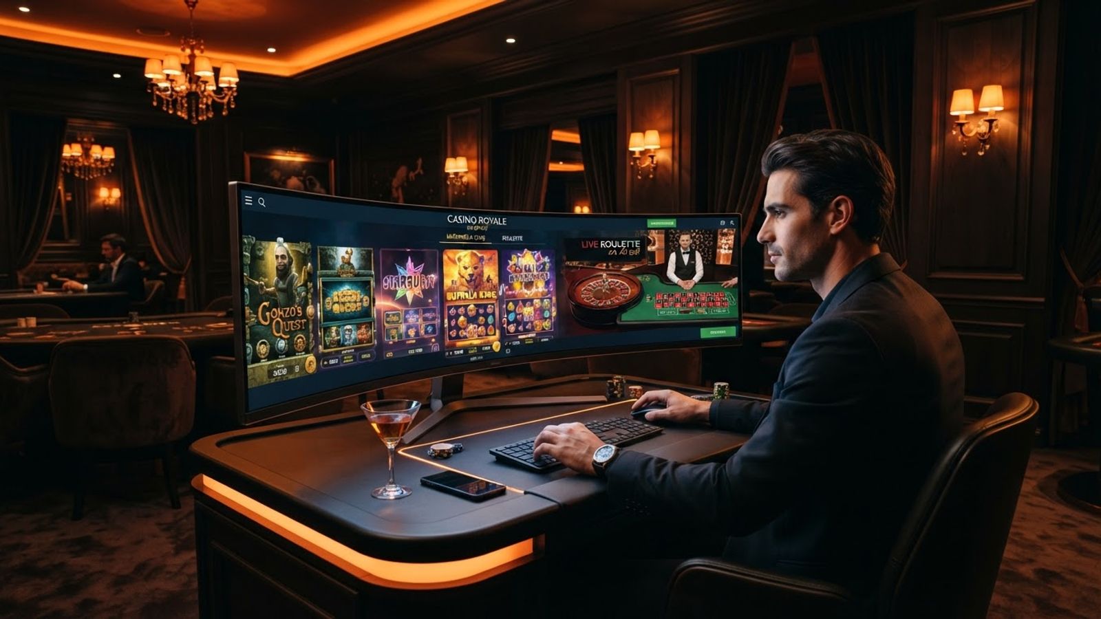 Interface de casino en ligne avec machines à sous et roulette