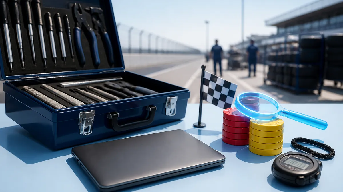 Établi de diagnostic avec boîte à outils, chronomètre, drapeau à damier et jetons de casino