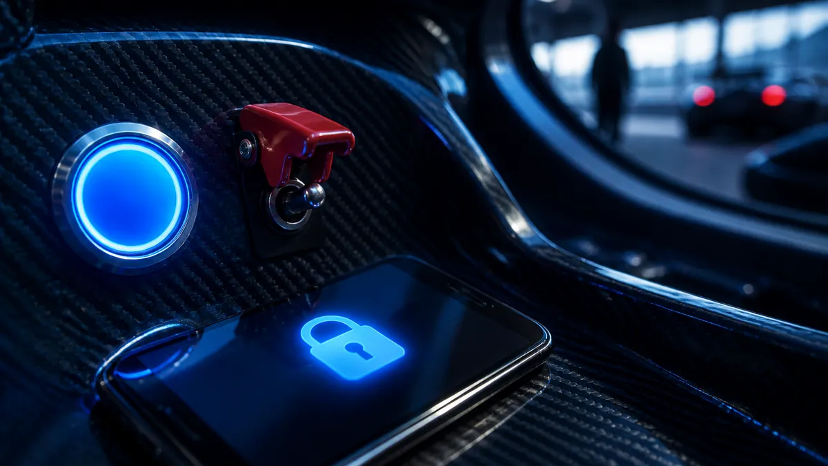 Bouton de démarrage lumineux sur un tableau de bord en carbone, à côté d'un smartphone affichant un cadenas