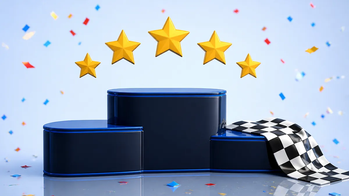 Podium de vainqueurs bleu marine surmonté de cinq étoiles dorées et d'un drapeau à damier
