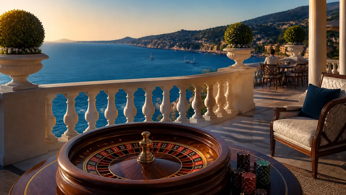 Terrasse face à la mer sur la Riviera, avec une roulette et des jetons au premier plan
