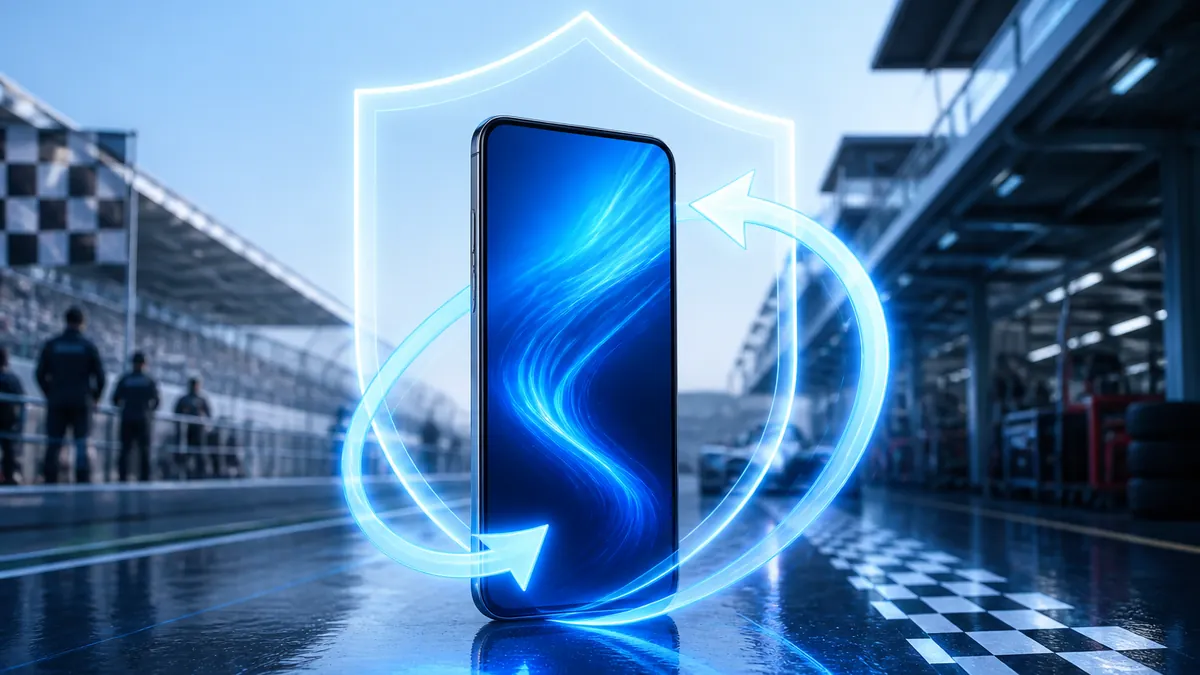 Smartphone sur la voie des stands, entouré d'un bouclier lumineux et d'une flèche de mise à jour