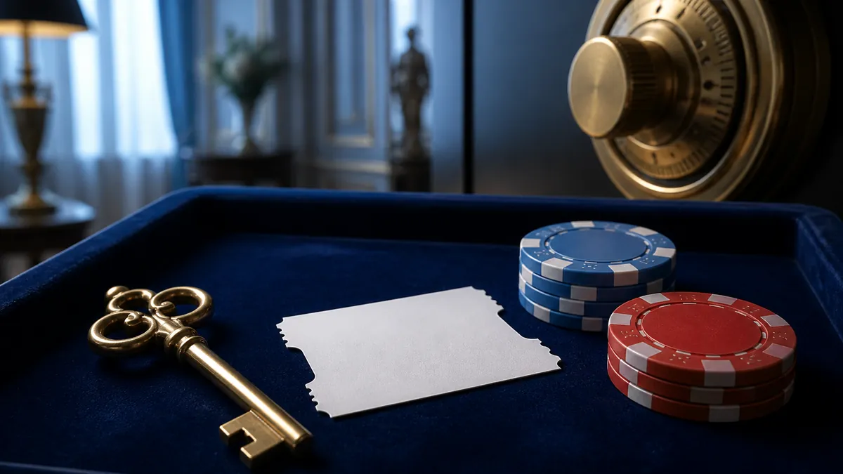 Clé dorée, ticket vierge et jetons de casino sur un plateau de velours bleu marine