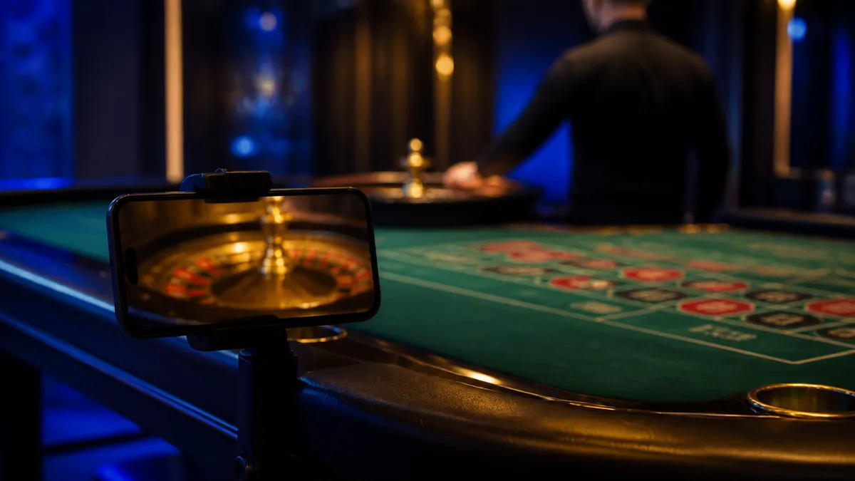 Smartphone fixé au bord d'une table de roulette en direct, croupier flou à l'arrière-plan