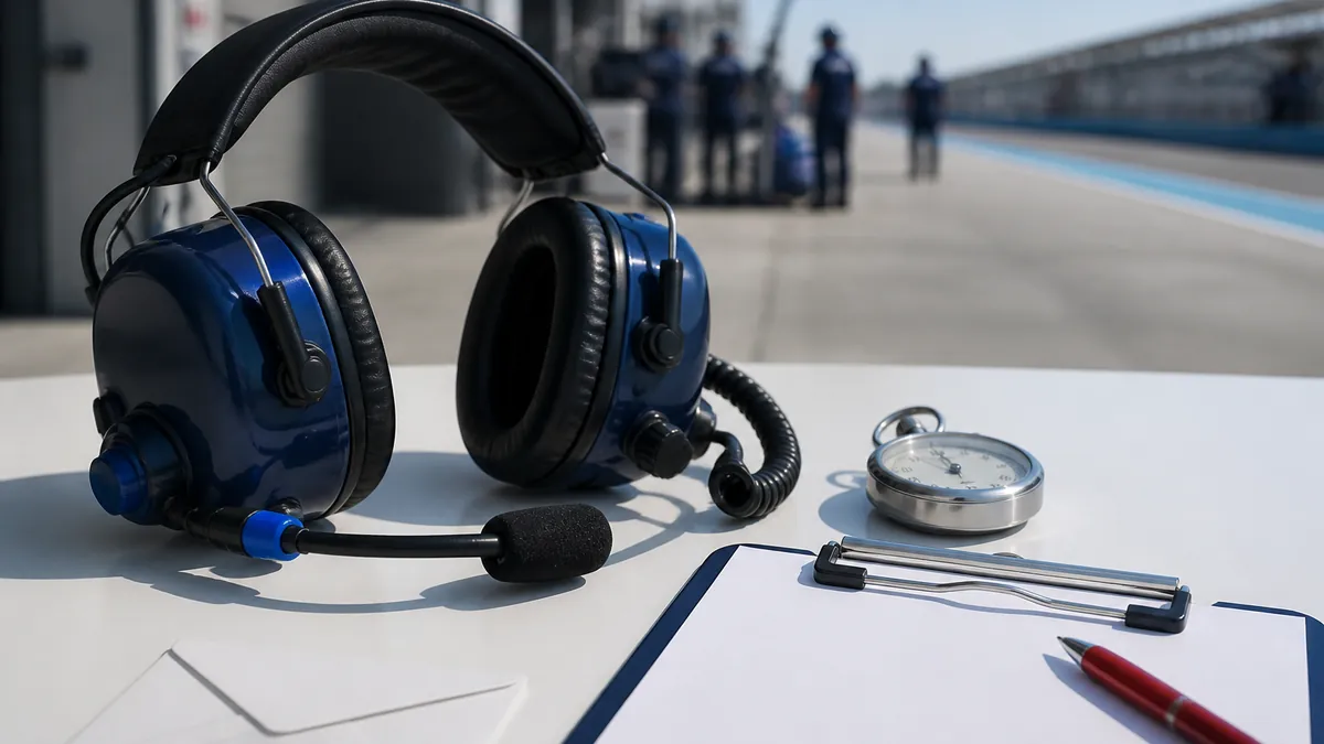 Casque radio d'équipe de course posé à côté d'un chronomètre et d'un porte-bloc vierge